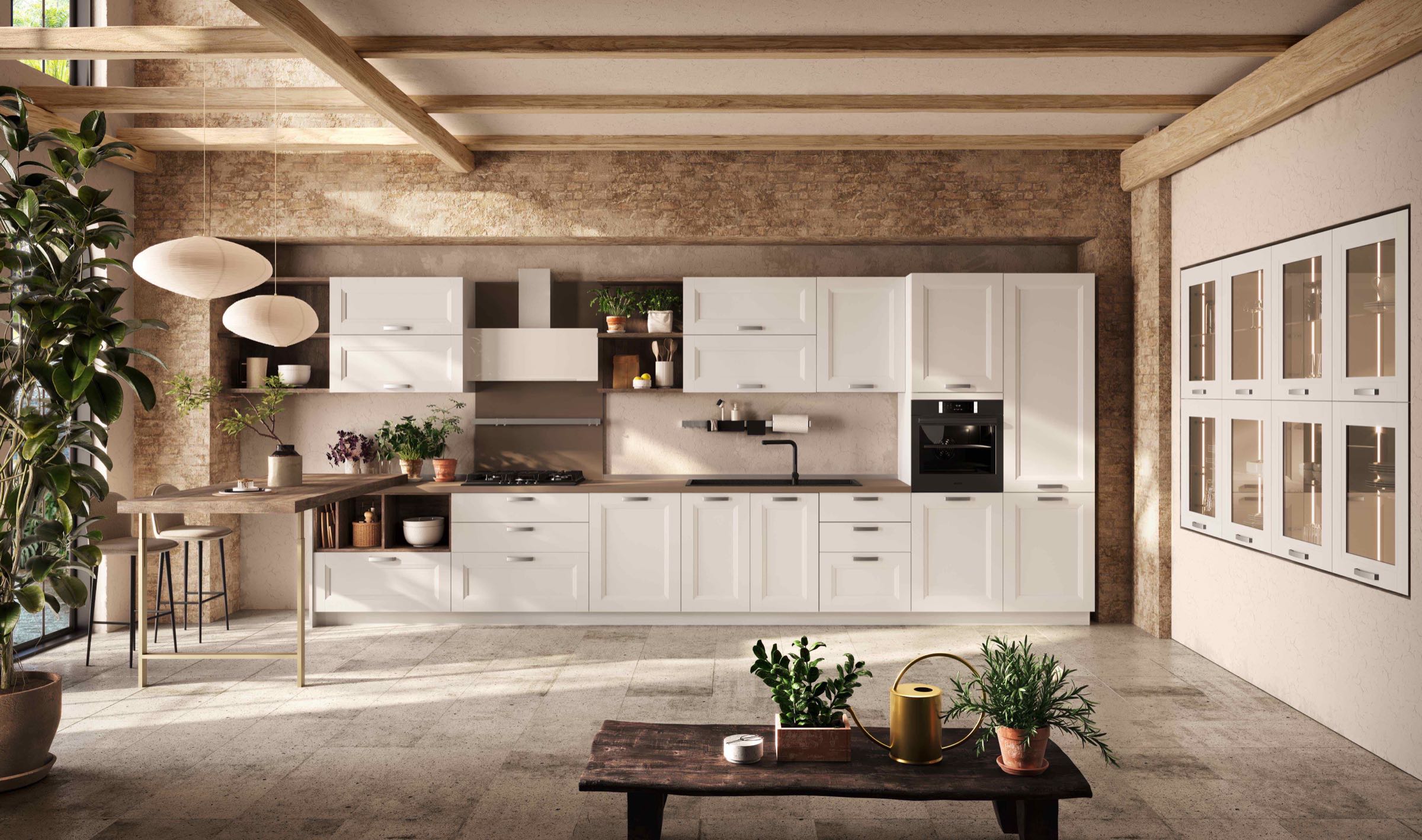 Veduta d'insieme frontale della cucina Classic & Contemporary Caravaggio di Ciao Cucine con penisola snack e vetrina in stile country