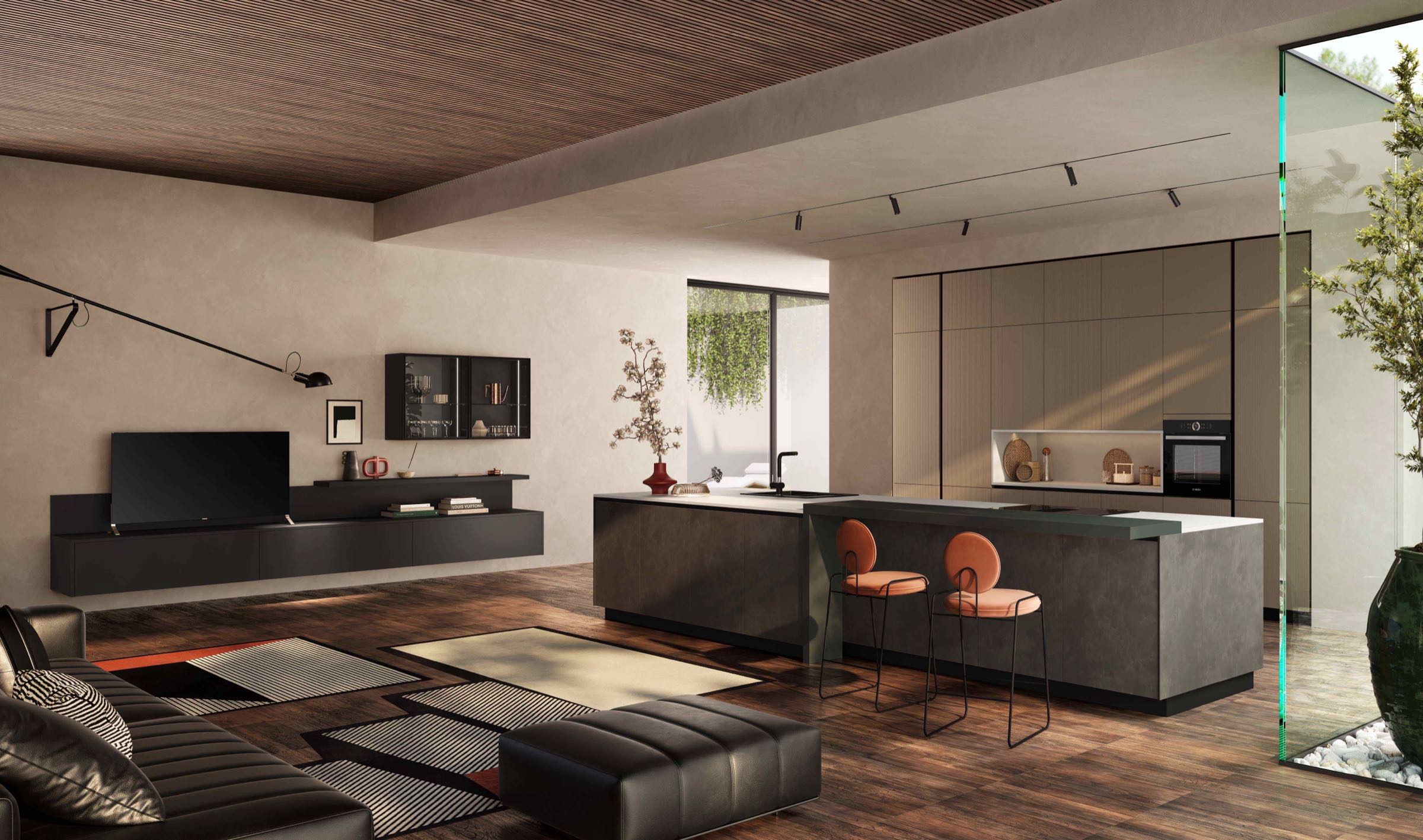 Cucina moderna economica Diamante di Ciao Cucine con isola effetto pietra, penisola snack e zona living aperta con parete TV