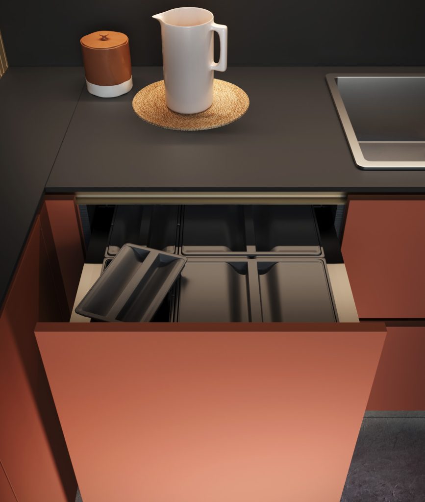 Ginevra Modern & Design kitchen by Ciao Cucine, equipped recycling drawer, dark oak