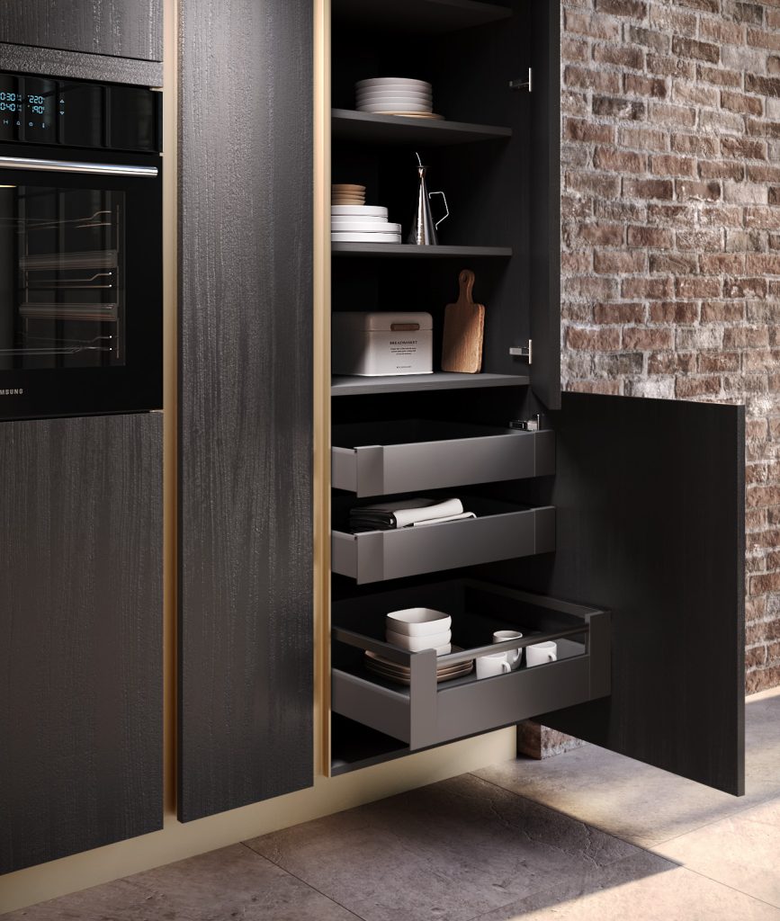 Ginevra Modern & Design kitchen by Ciao Cucine, larder unit with pull-out shelves, dark oak
