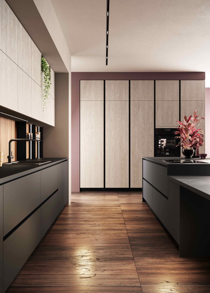 Ginevra Modern & Design kitchen by Ciao Cucine, light wood tall units seen from the hallway