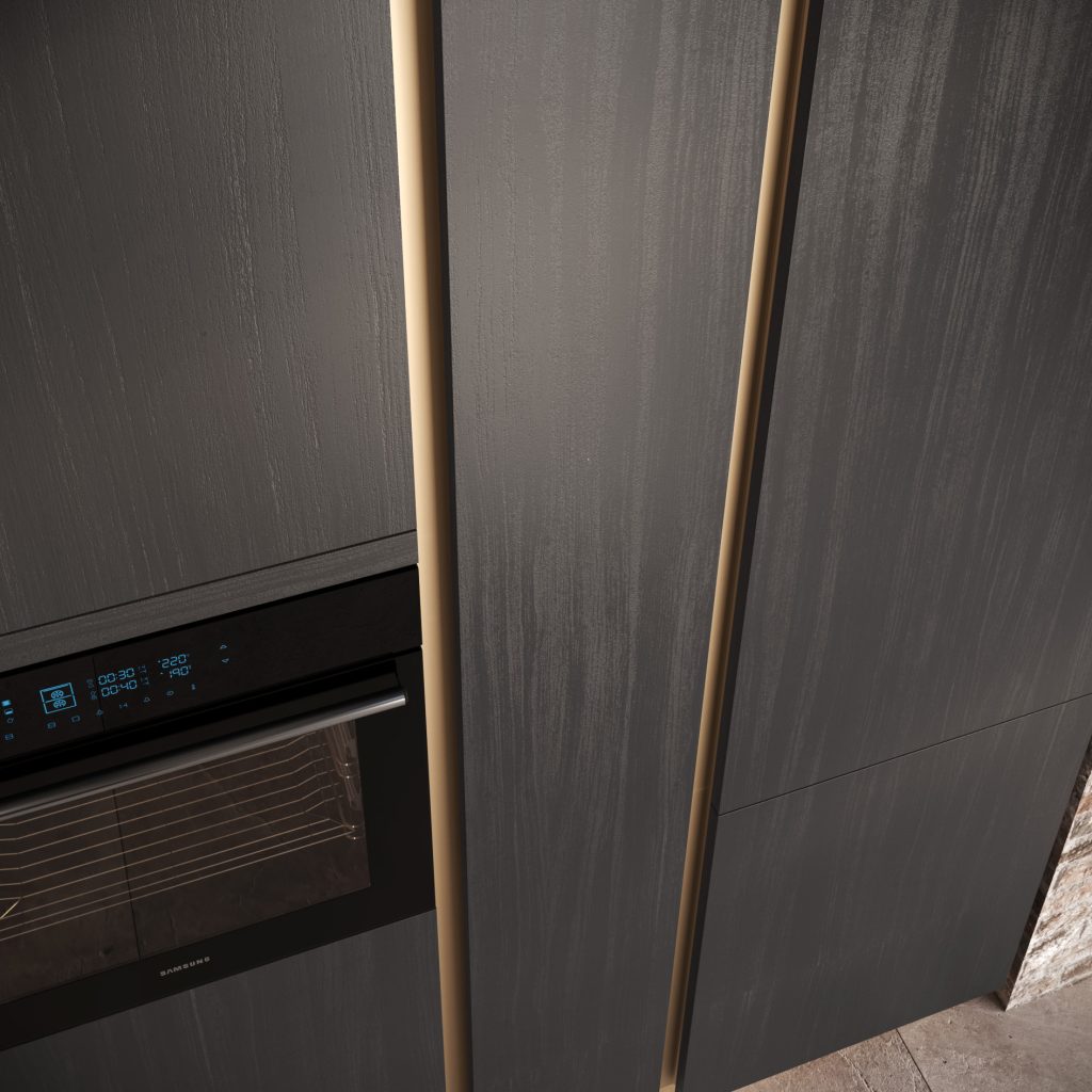 Ginevra Modern & Design kitchen by Ciao Cucine, detail of the doors with champagne groove, dark oak