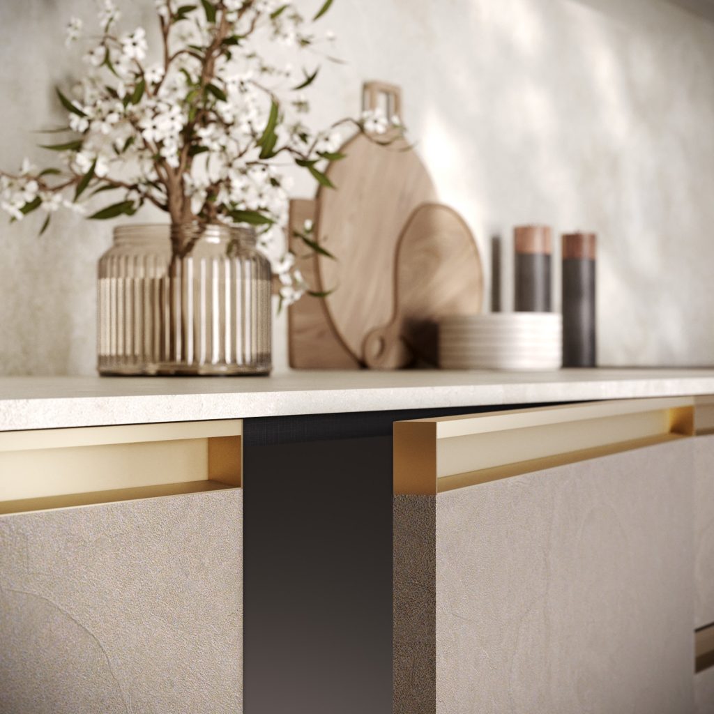 Ginevra Modern & Design kitchen by Ciao Cucine, detail of the champagne groove and light worktop