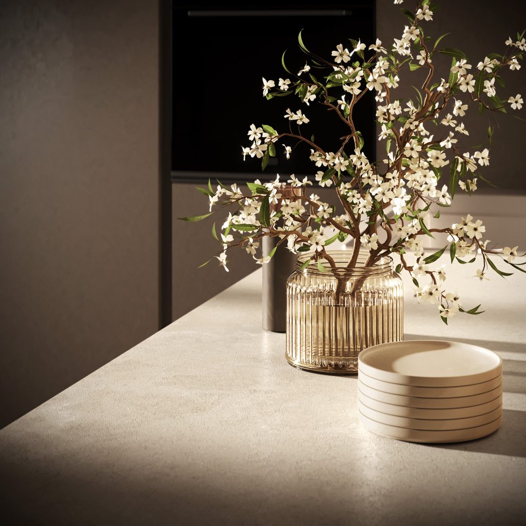 Ginevra Modern & Design kitchen by Ciao Cucine, still life with flowers on a light worktop, champagne