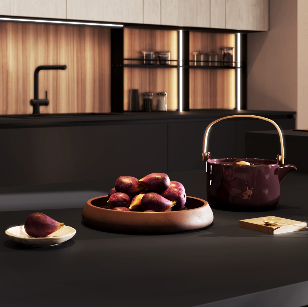 Ginevra Modern & Design kitchen by Ciao Cucine, still life on a black worktop, light wood