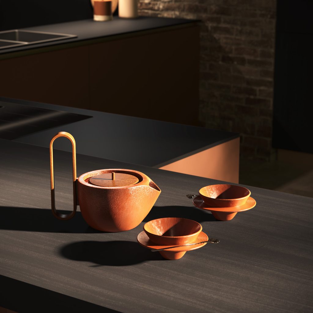 Ginevra Modern & Design kitchen by Ciao Cucine, still life with terracotta teapot, dark oak