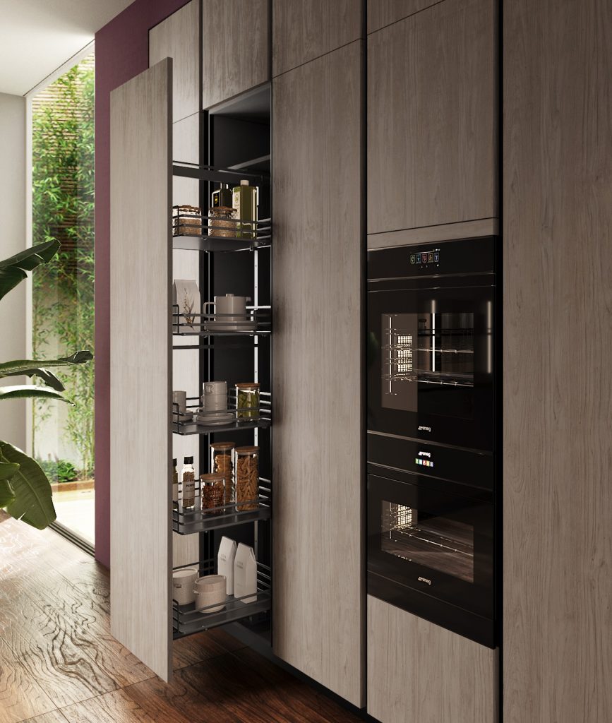 Ginevra Modern & Design kitchen by Ciao Cucine, pull-out larder with baskets, light wood
