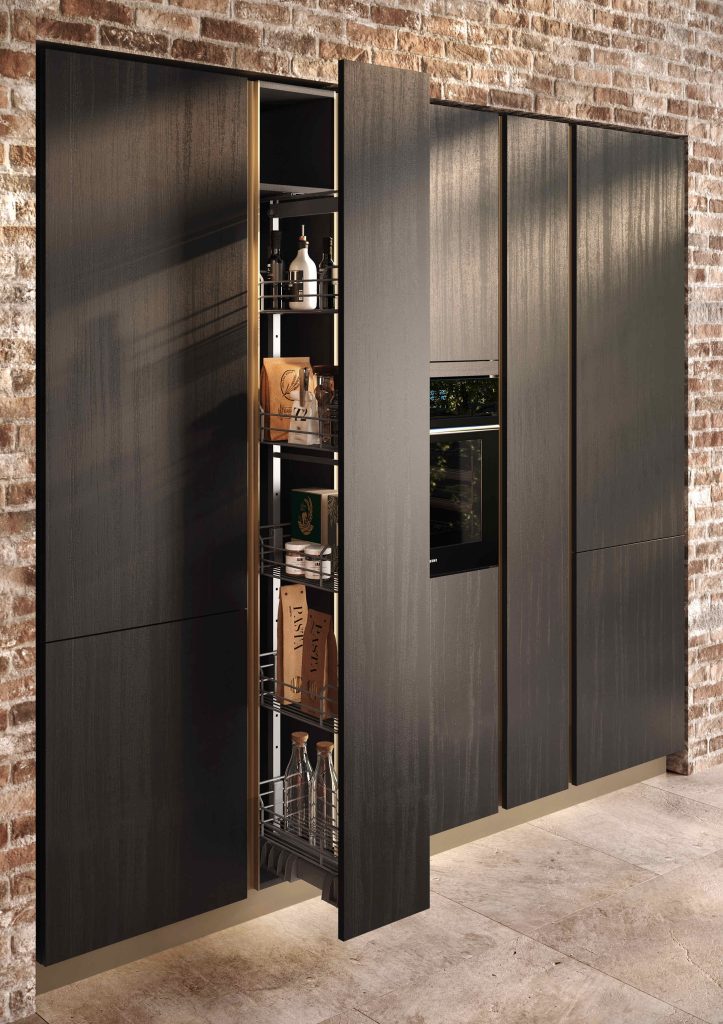 Ginevra Modern & Design kitchen by Ciao Cucine, pull-out larder in the tall units, dark oak