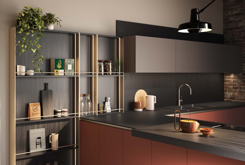 Ginevra Modern & Design kitchen by Ciao Cucine, bookcase, shelves and sink, dark oak