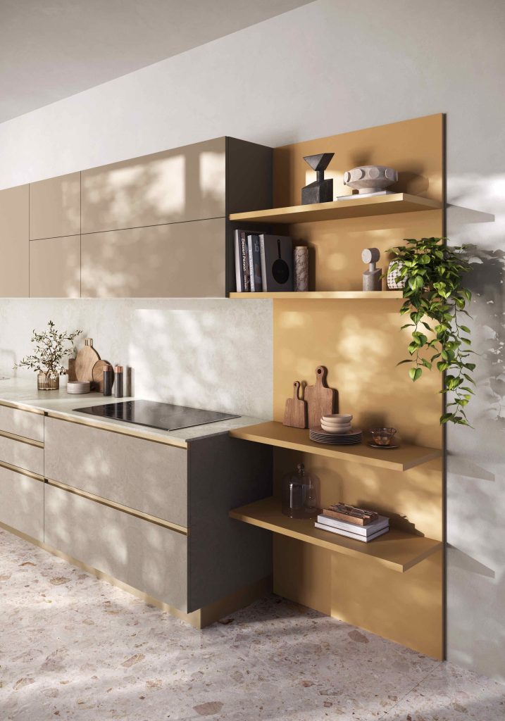 Ginevra Modern & Design kitchen by Ciao Cucine, open champagne shelves in the cooking corner
