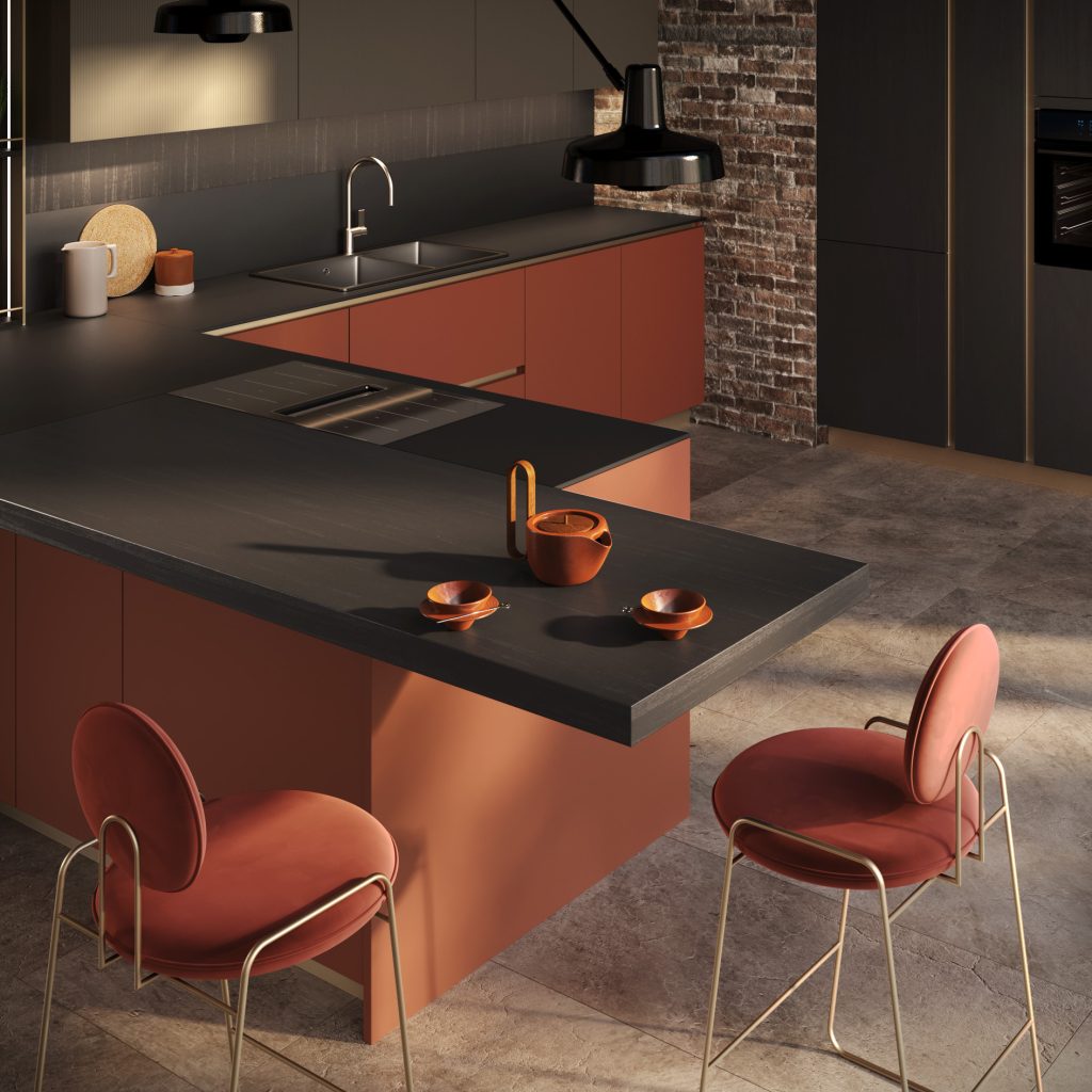 Ginevra Modern & Design kitchen by Ciao Cucine, corner peninsula with stools, dark oak