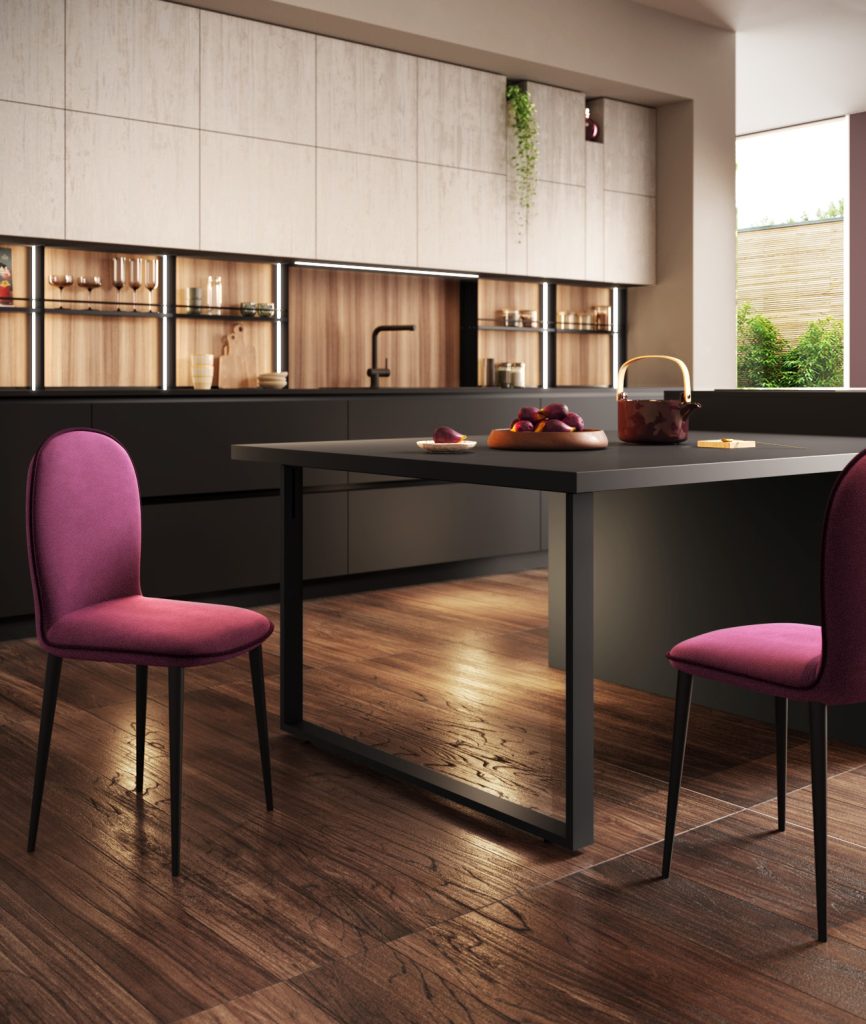Ginevra Modern & Design kitchen by Ciao Cucine, peninsula table with fuchsia chairs, light wood
