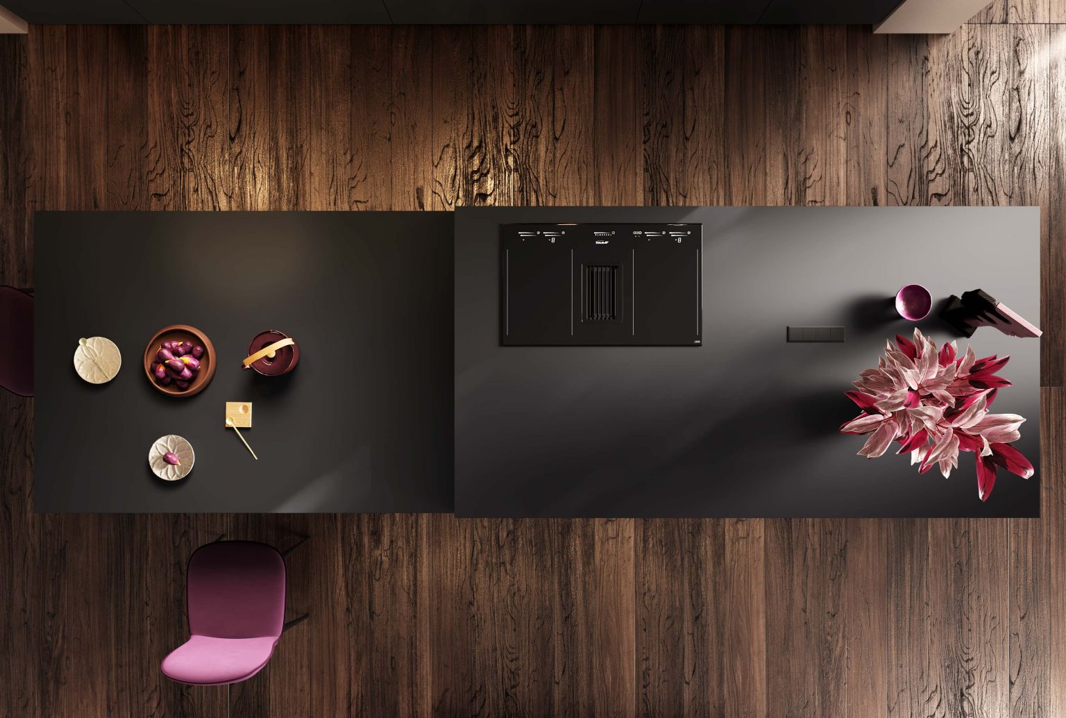 Ginevra Modern & Design kitchen by Ciao Cucine, overhead view of the island with hob