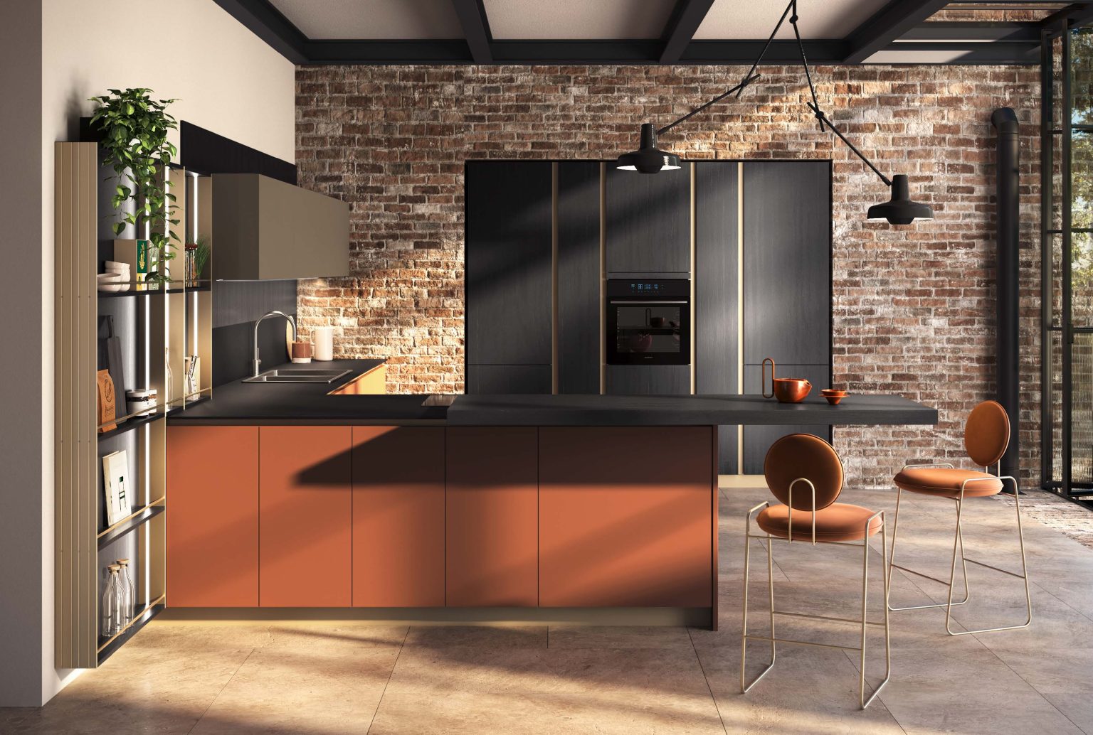 Ginevra Modern & Design kitchen by Ciao Cucine, front view in a brick loft, dark oak