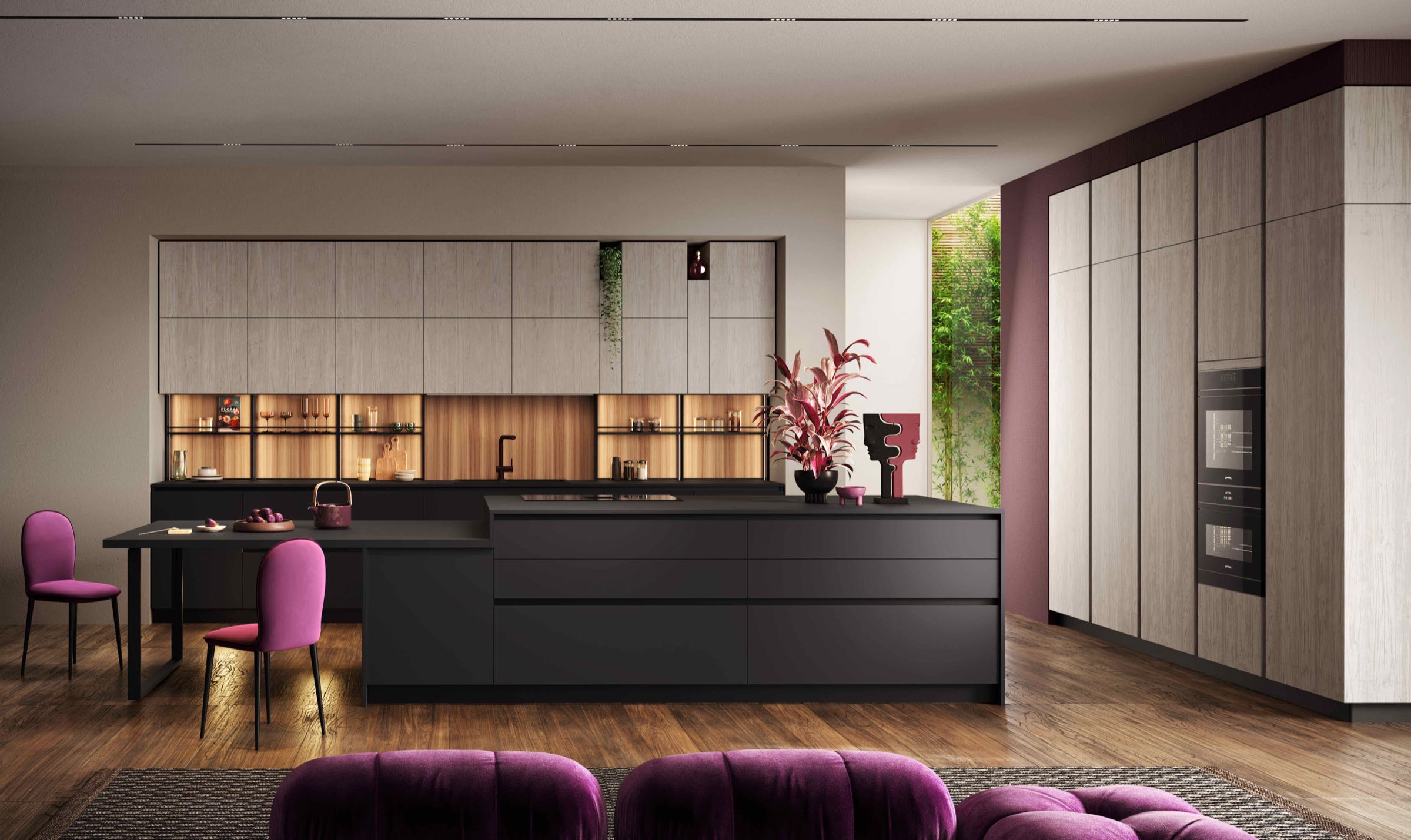 Veduta d'insieme con grande isola nera e sedie fucsia della cucina Modern & Design Ginevra di Ciao Cucine, colonne effetto legno chiaro