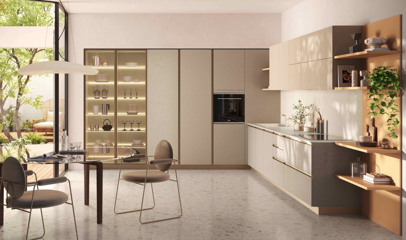 Ginevra Modern & Design kitchen by Ciao Cucine, linear overview with champagne shelves