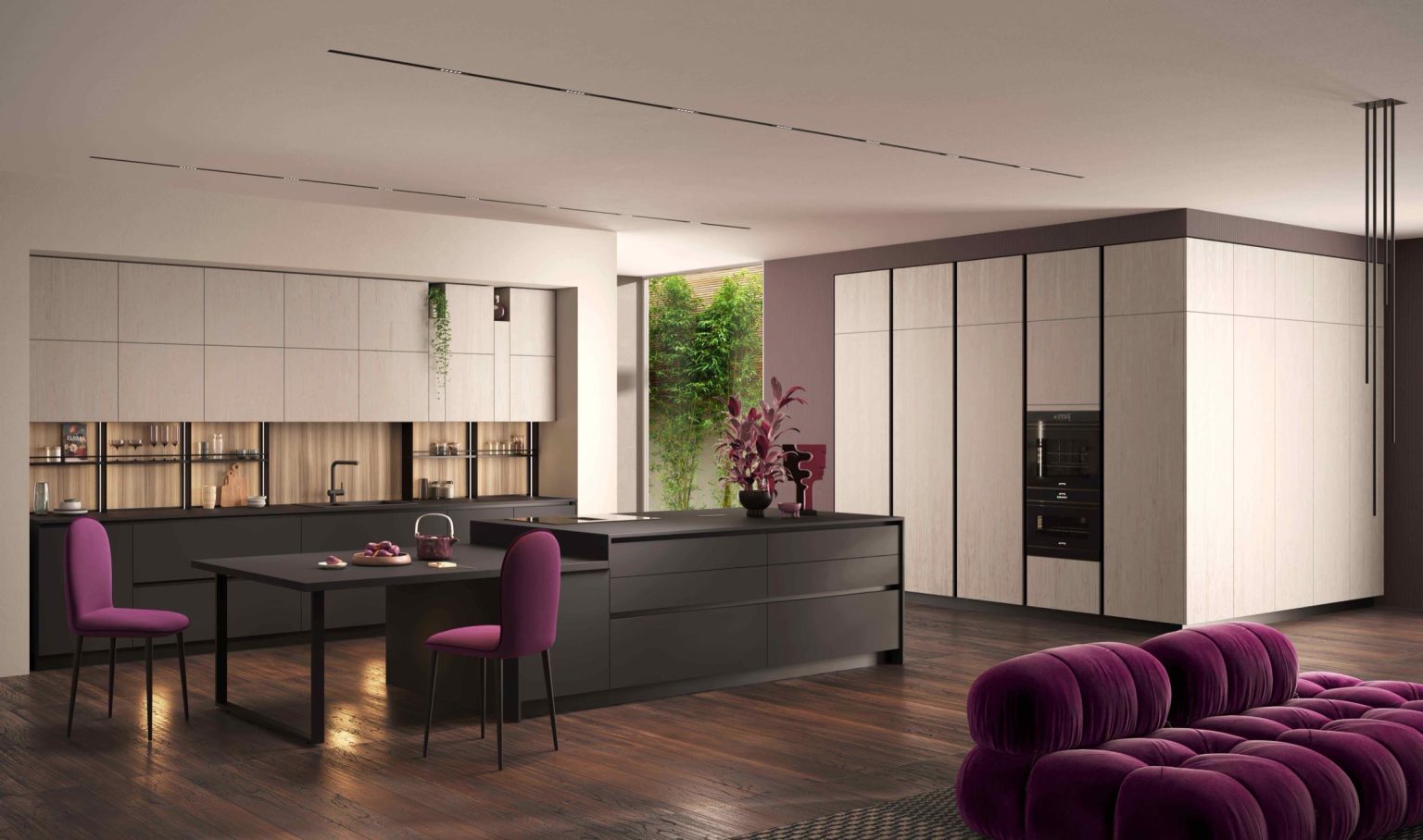 Ginevra Modern & Design kitchen by Ciao Cucine, overview with living area and sofa, light wood
