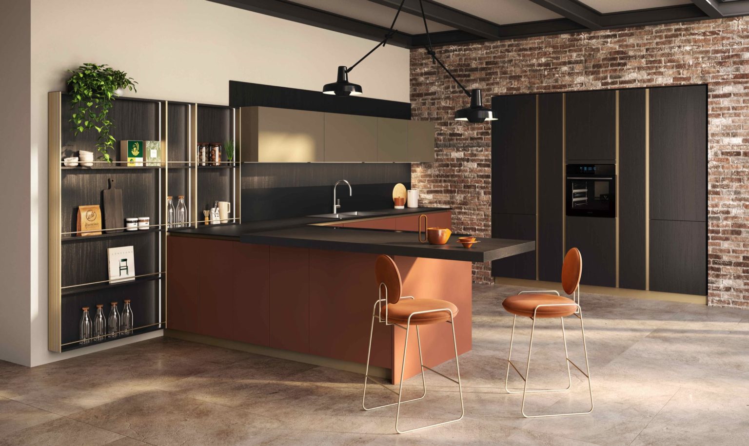 Ginevra Modern & Design kitchen by Ciao Cucine, loft overview with dark oak peninsula