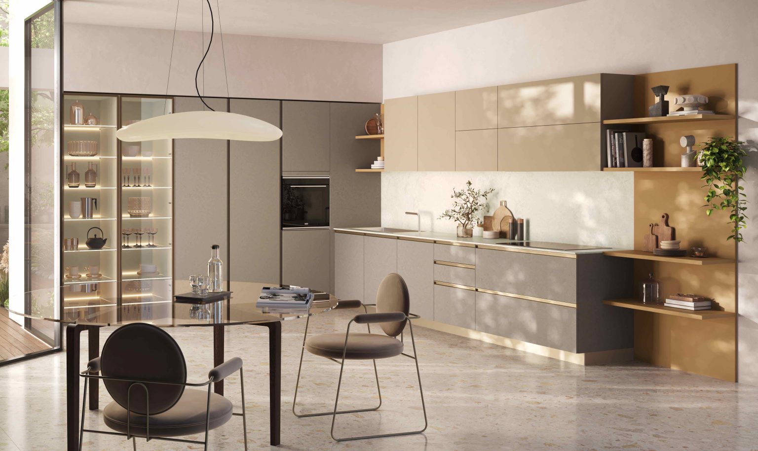 Ginevra Modern & Design kitchen by Ciao Cucine, overview with champagne display cabinets