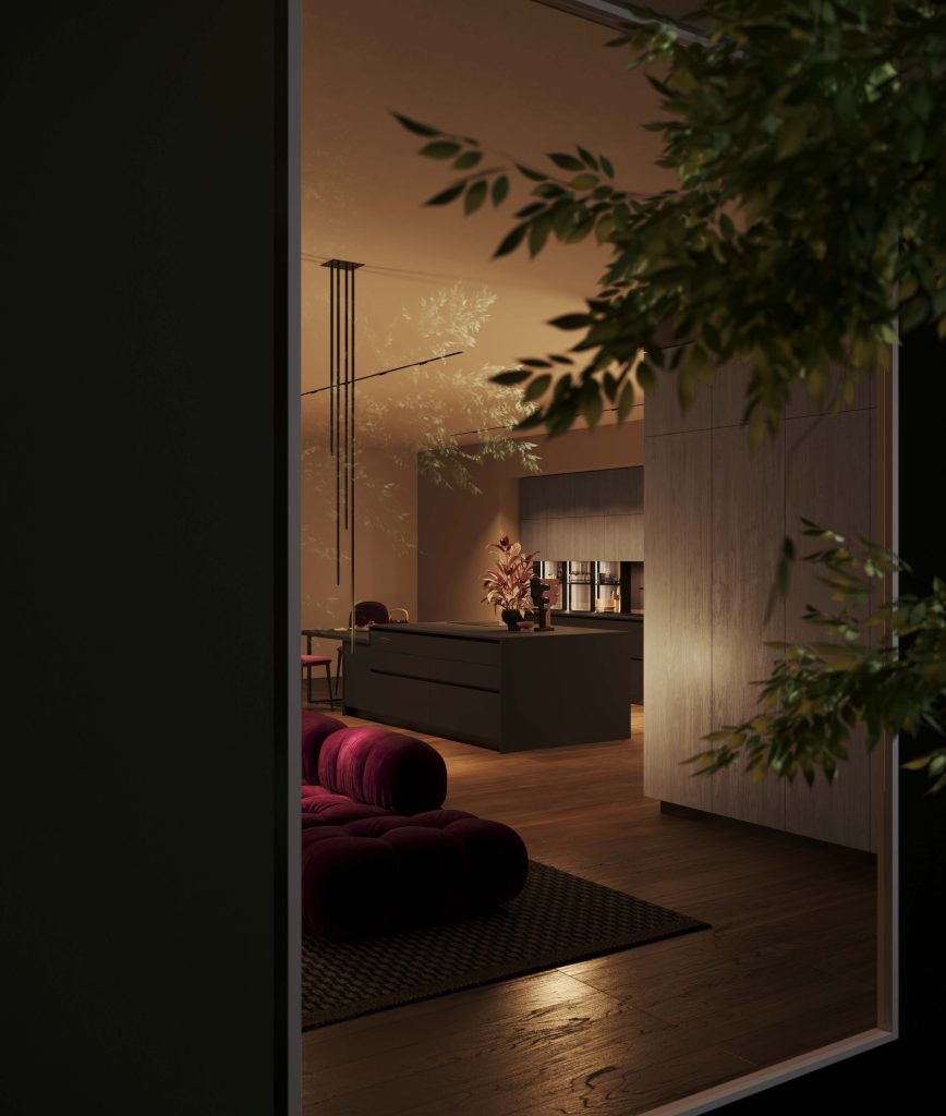 Ginevra Modern & Design kitchen by Ciao Cucine, night view of the living area, light wood