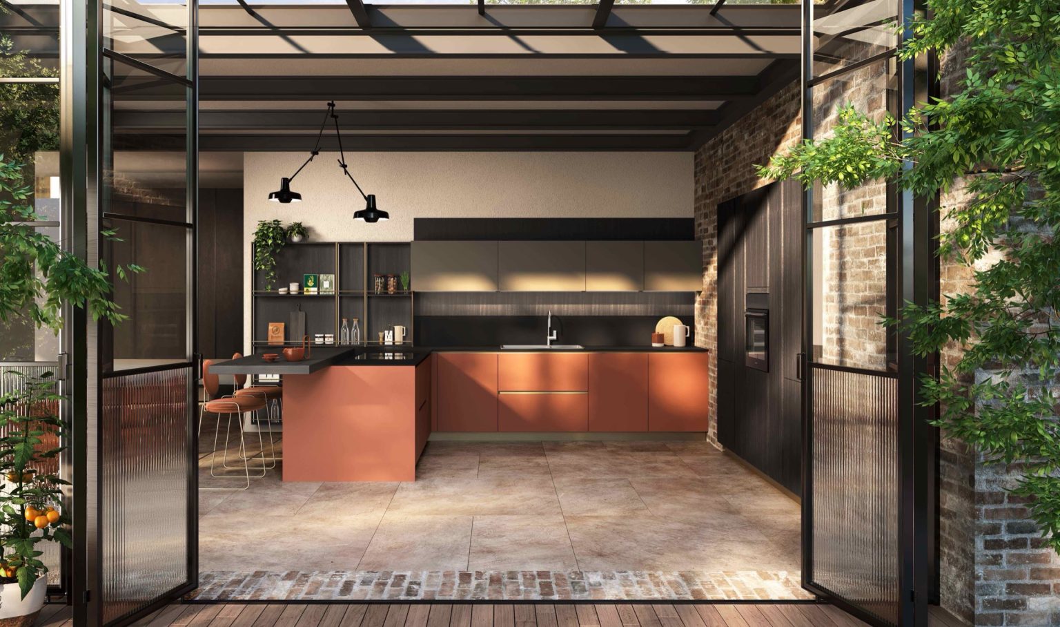 Ginevra Modern & Design kitchen by Ciao Cucine, loft with glazing onto the garden, dark oak
