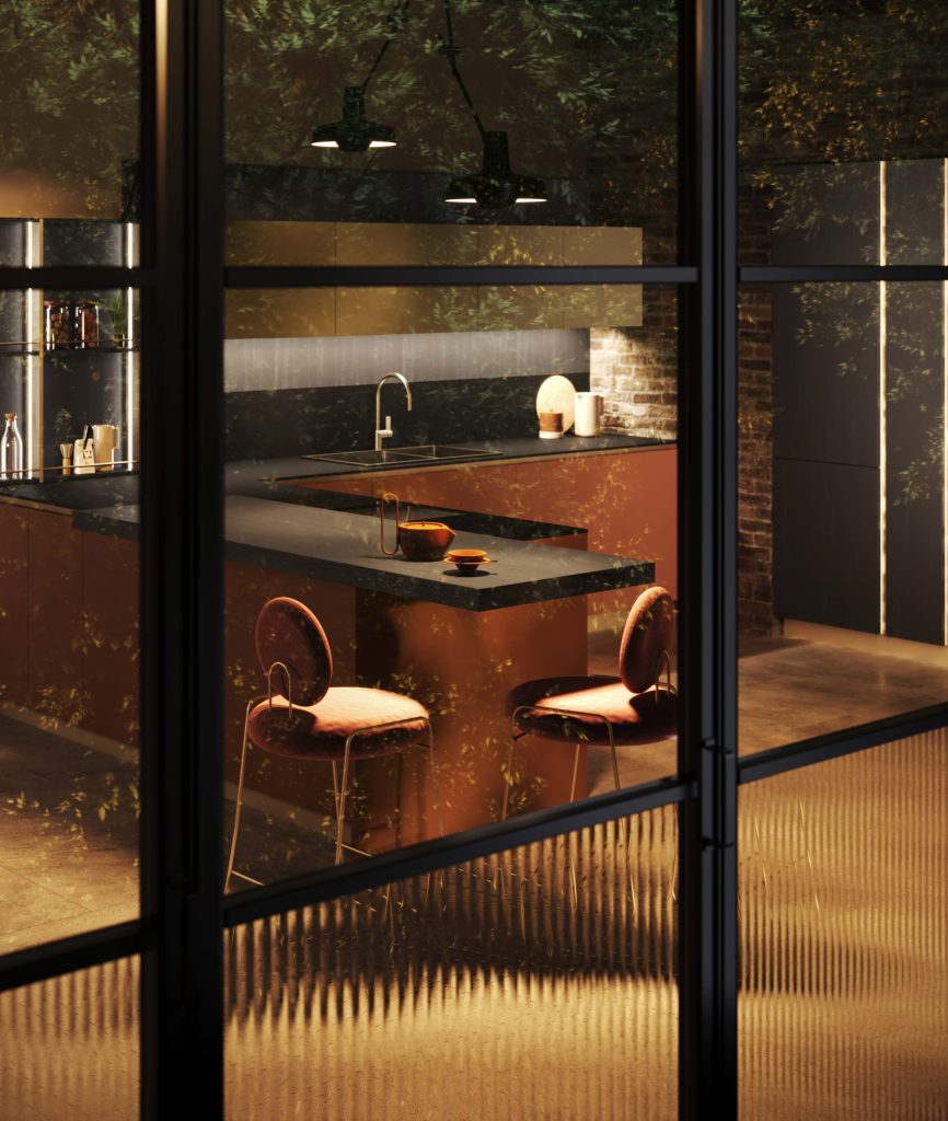 Ginevra Modern & Design kitchen by Ciao Cucine, night view through the glass wall, dark oak