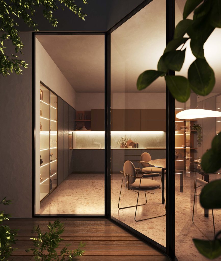 Ginevra Modern & Design kitchen by Ciao Cucine, night view of the champagne display cabinets
