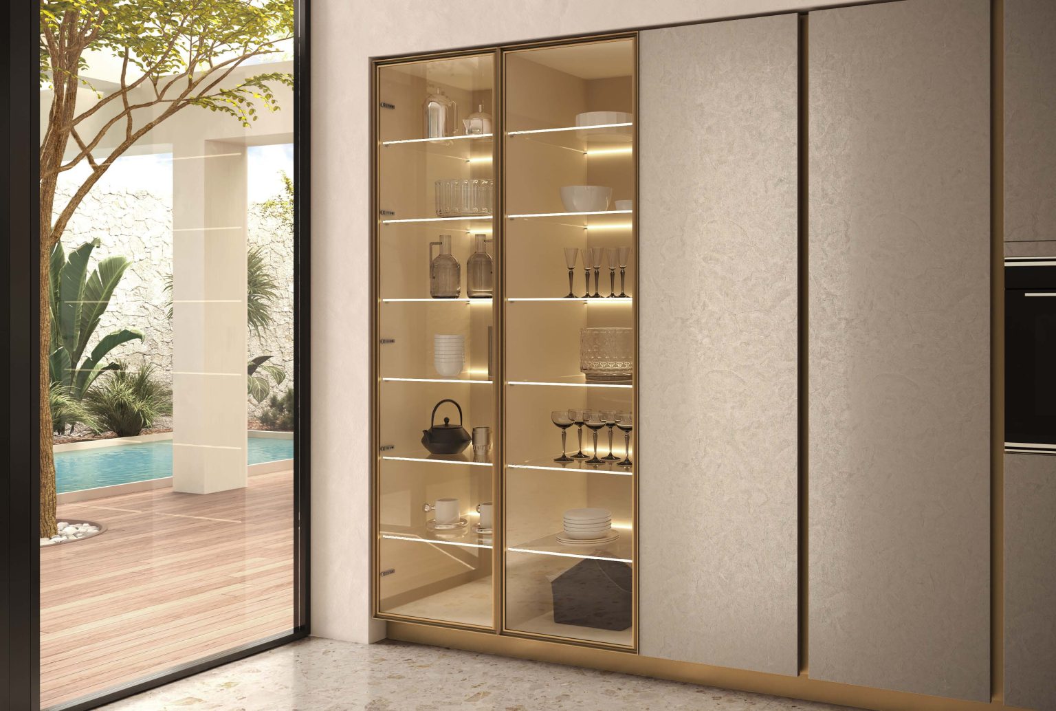 Ginevra Modern & Design kitchen by Ciao Cucine, illuminated display cabinet with crockery, champagne