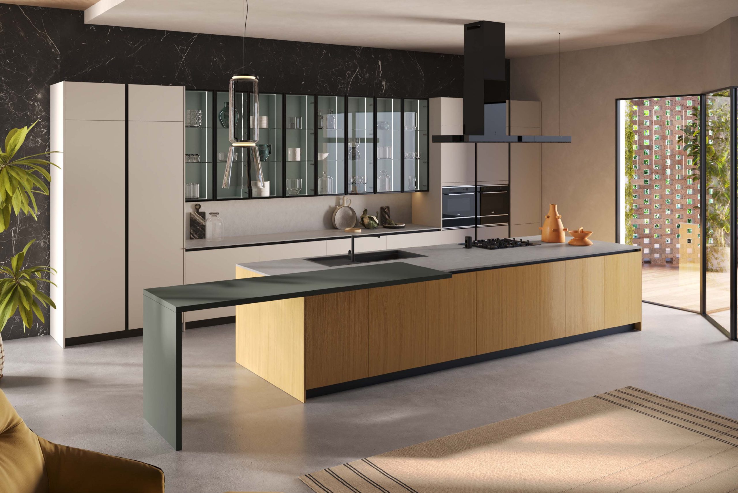Isola in rovere con tavolo snack verde e vetrine, cucina Modern & Design Marilyn di Ciao Cucine con parete in marmo nero
