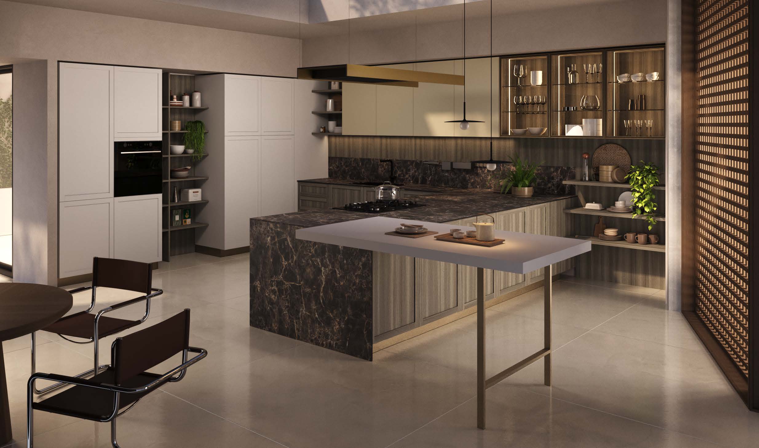 Cucina moderna economica Marlene di Ciao Cucine, veduta d'insieme con isola in marmo, tavolo snack e sedute in pelle