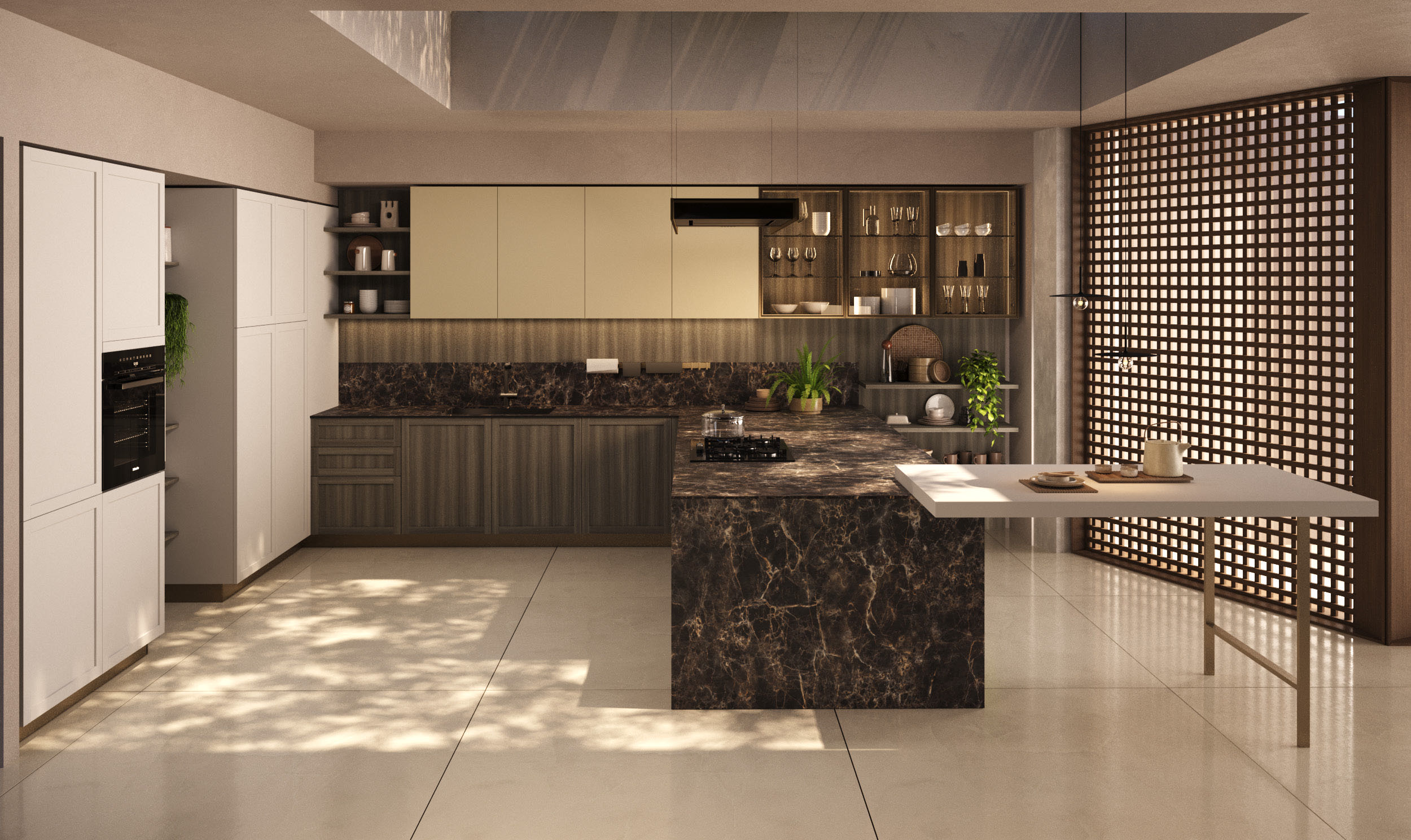 Cucina moderna economica Marlene di Ciao Cucine, veduta d'insieme con isola in marmo scuro e parete a grata in legno