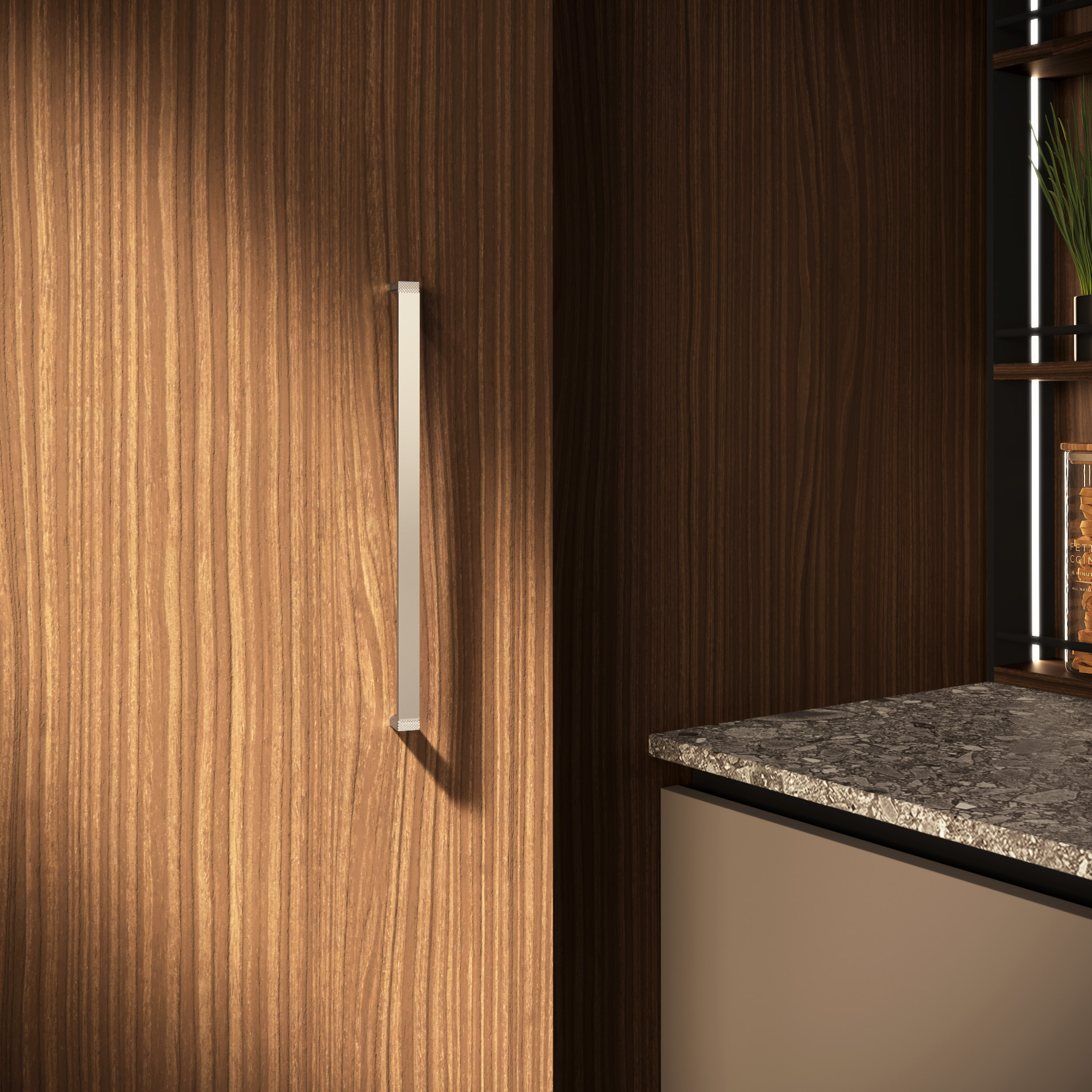 Cucina moderna economica Melania di Ciao Cucine, dettaglio della maniglia verticale sulle ante in legno noce delle colonne