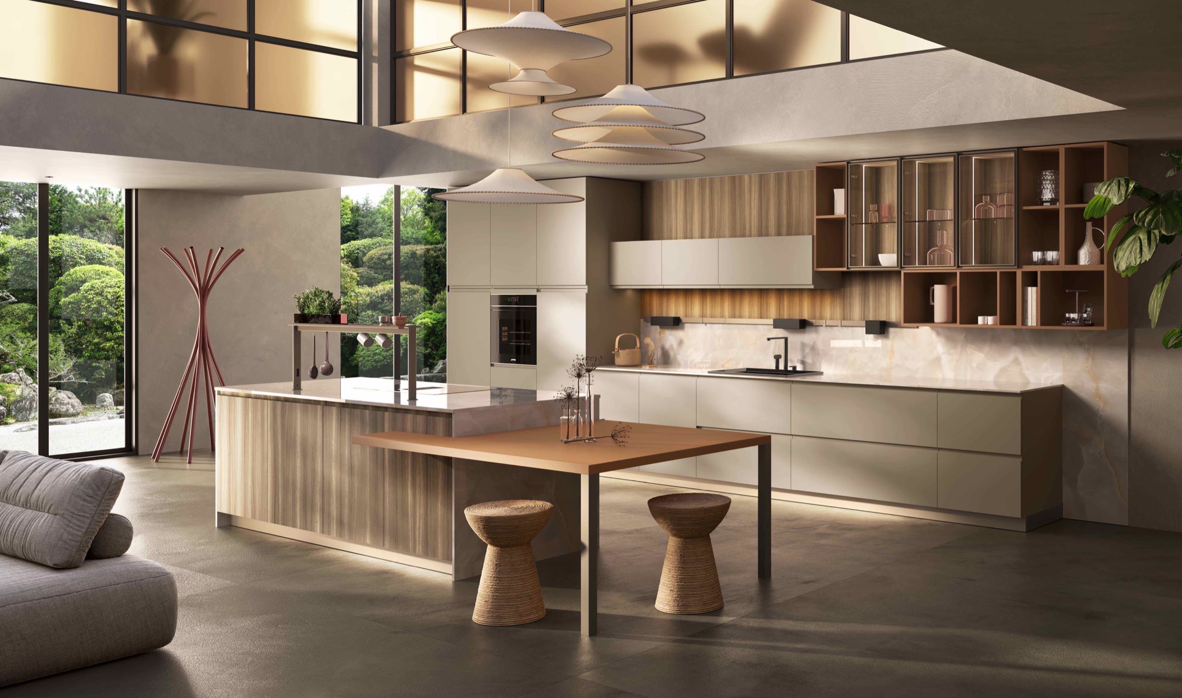 Cucina moderna economica Sibilla di Ciao Cucine, veduta d'insieme con isola noce, tavolo snack, pensili a giorno e lampade sospese