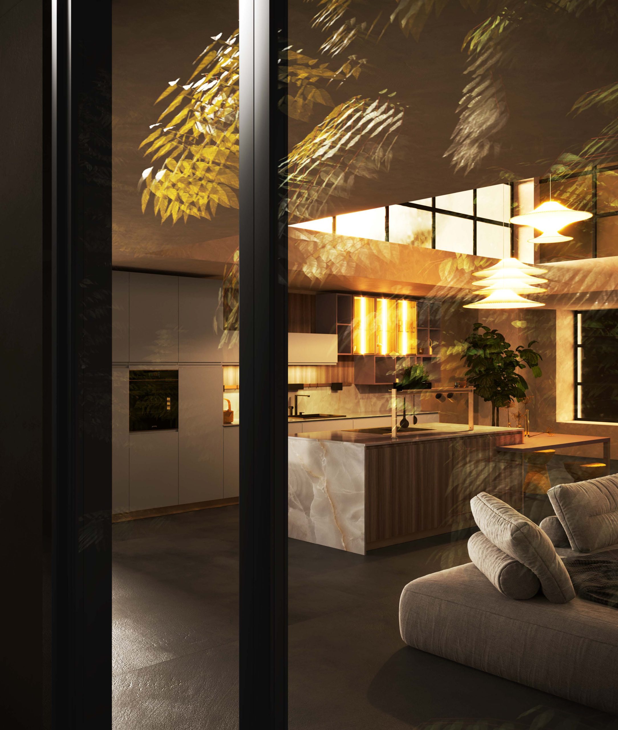 Cucina moderna economica Sibilla di Ciao Cucine, veduta serale attraverso la vetrata con isola effetto marmo e noce illuminata