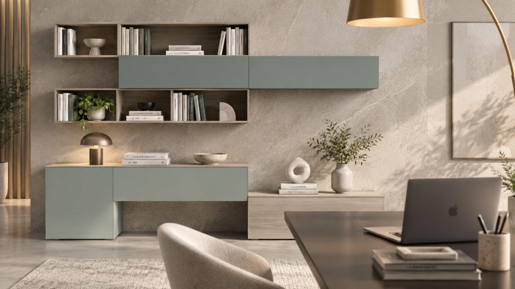 Madia sospesa verde salvia con pensili del sistema living Diamante, lampada ad arco e angolo lettura