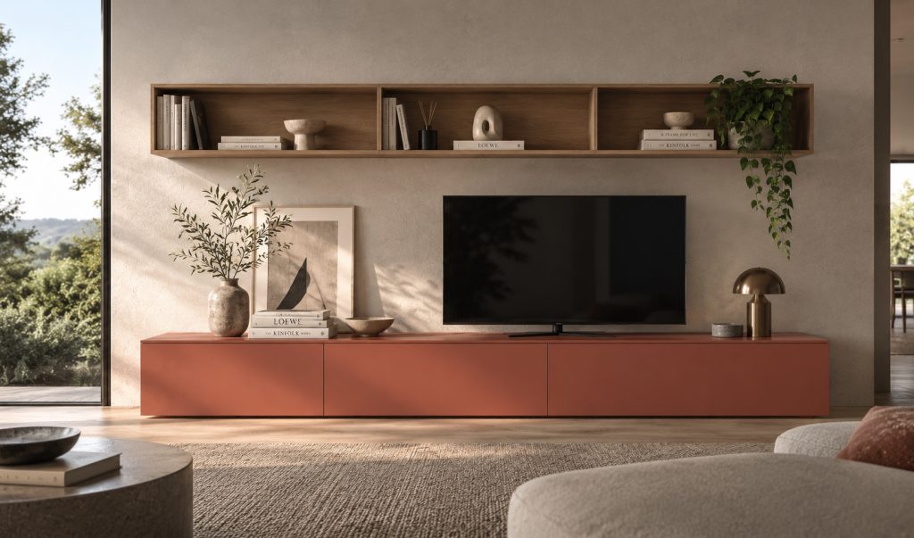 Parete TV del living Ginevra con base sospesa terracotta e mensola a giorno in legno