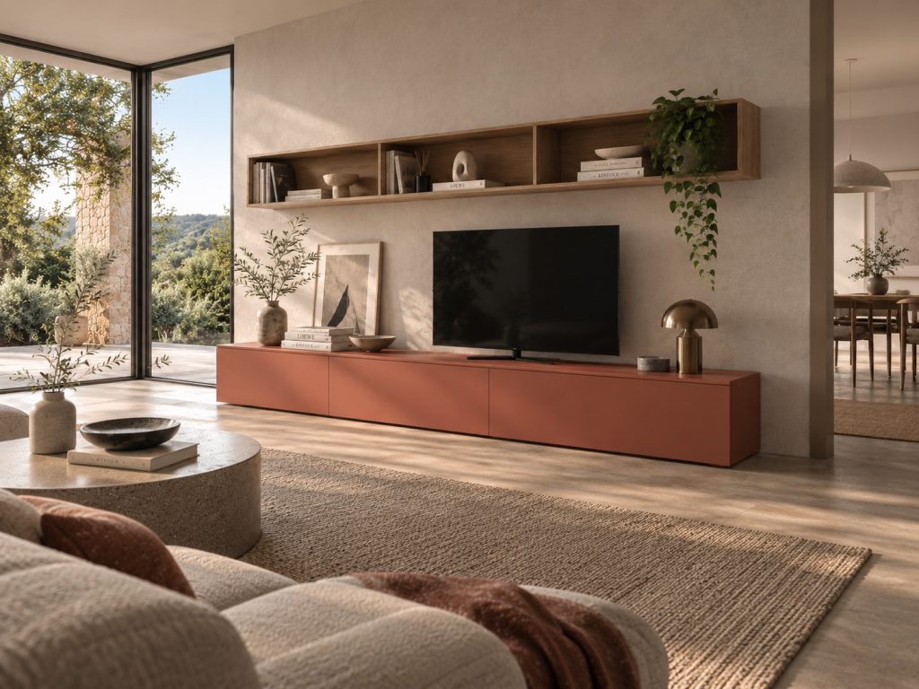Zona giorno Ginevra con parete TV terracotta, tappeto in fibra naturale e vetrata d'angolo sul verde