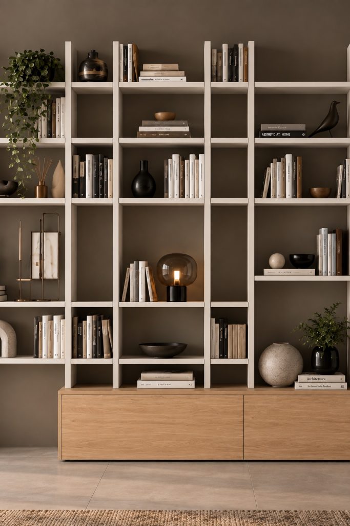 Dettaglio verticale della libreria Marilyn: moduli a giorno bianchi e base in legno