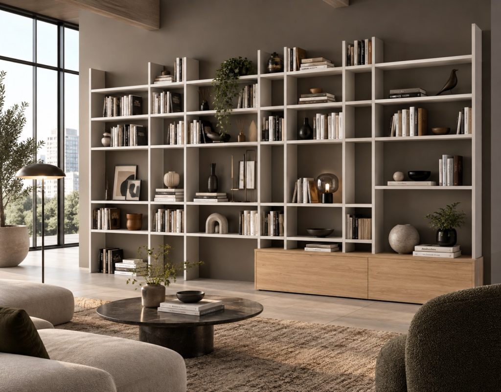 Libreria del living Marilyn vista dall'ambiente, con vetrata laterale e divano bouclé